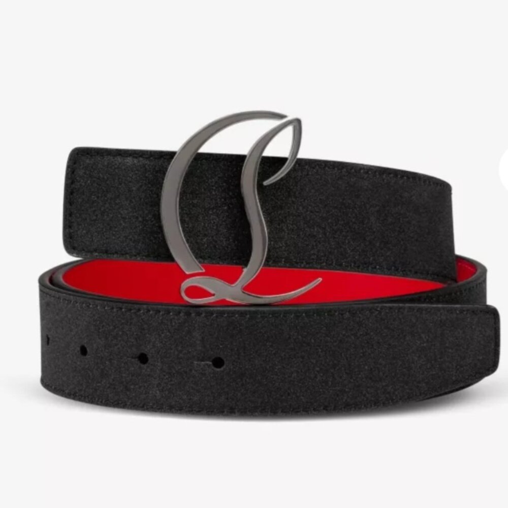 Christian Louboutin Leather CL Logo Glitter Black Metallic Belt Size 70/28